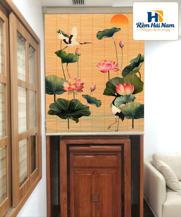 Rèm giả trúc in hoa sen che bàn thờ RTU02