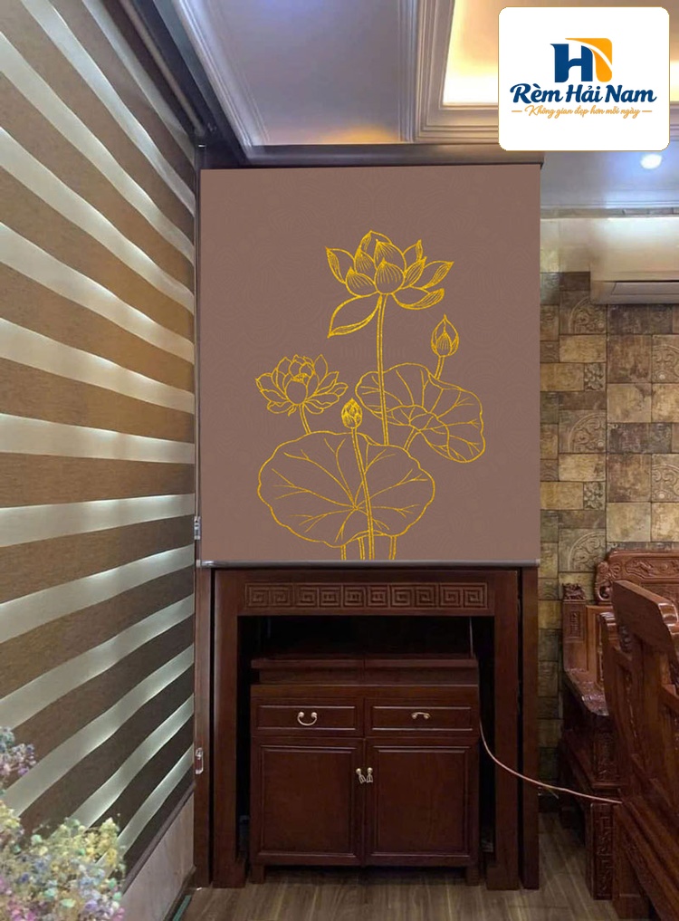 Rèm che bàn thờ đẹp in họa tiết hoa sen -RBT3001
